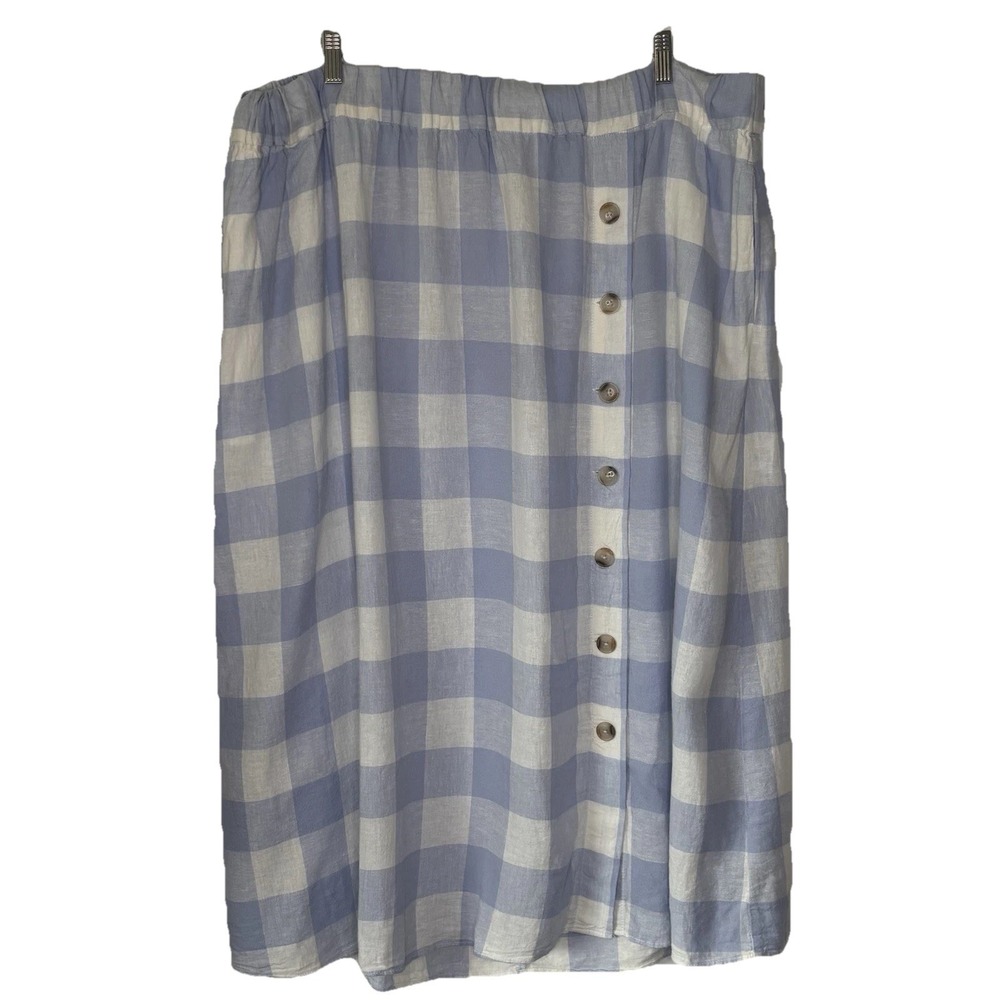 Madewell Linen-Blend Side-Button Midi Skirt 3X Pale Dawn Blue Gingham Cottage